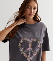 New Look Dark Grey Floral Peace Acid Wash Oversized T-Shirt
